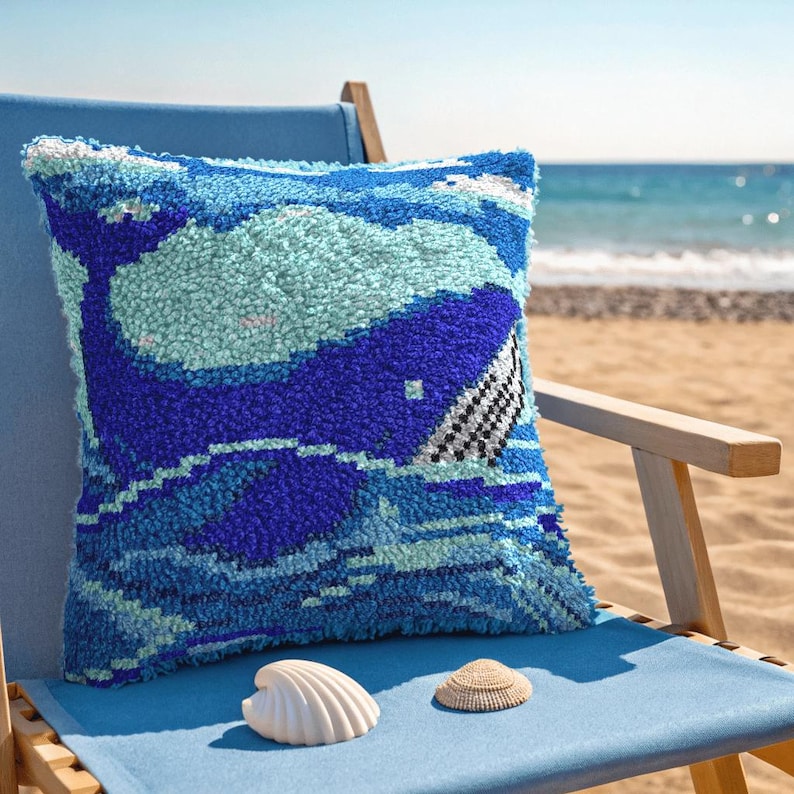 Latch Hook Pillow Making Kit - Great Blue Whale Design Kit image 1