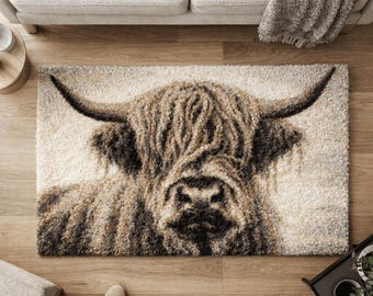 Kit para hacer alfombras con gancho - Vaca de las Tierras Altas rústica y peluda 110 x 70 cm
