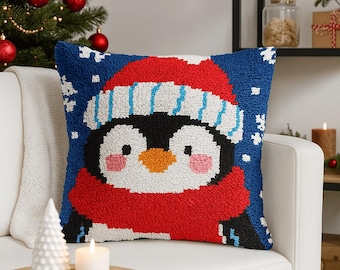 Latch Hook Pillow Making Kit - Christmas Winter Penguin - DIY Craft Project
