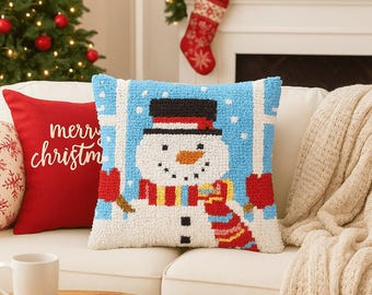 Latch Hook Pillow Making Kit - Top Hat Snowman - Winter Crafting Fun