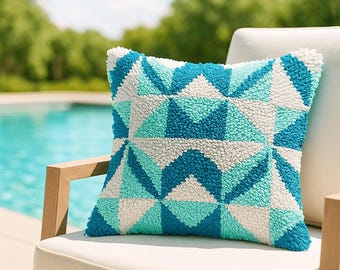 Latch Hook Pillow Making Kit - Aqua Geometry - DIY Craft Project