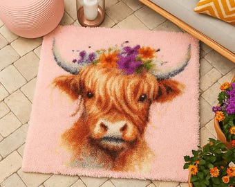 Latch Hook Rug Making Kit - Flower Power Highlander Hairy Cow 80cm x 80cm