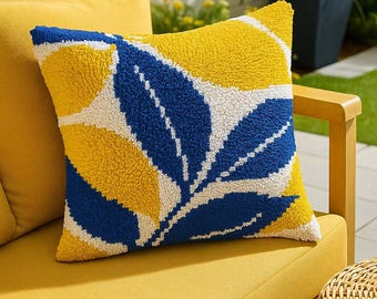 Latch Hook Pillow Making Kit - Yellow and Blue Blossom - DIY Craft Project