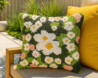 Latch Hook Pillow Making Kit - White Daisy Moss Field - Crafting Adventure