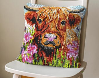 Latch Hook Pillow Making Kit - Highlander Hairy Cow Flower Field Design