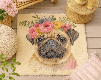 Latch Hook Rug Making Kit - Flower Power Pretty Pug 80cm x 80cm