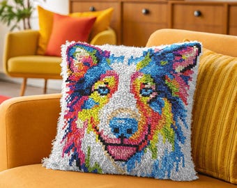 Latch Hook Pillow Making Kit - Rainbow Border Collie Design Kit