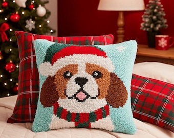 Latch Hook Pillow Making Kit - Christmas Puppy Dog - Crafting Fun