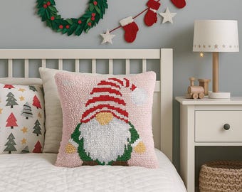 Latch Hook Pillow Making Kit - Christmas Gnome - Holiday Crafting Fun