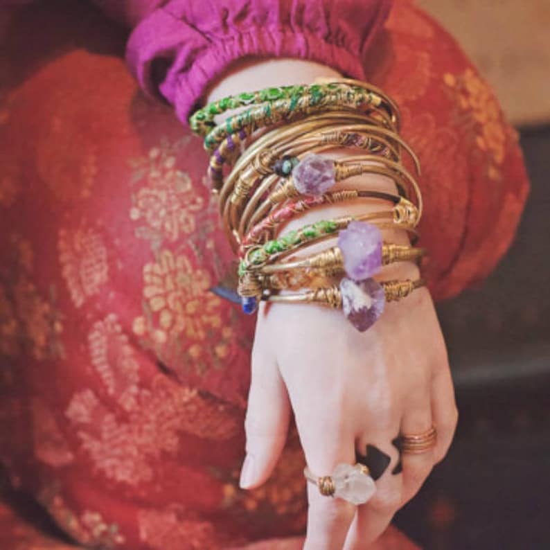 Gypsy Hand forged Metal Manifestation Crystal Citrine Crystal Brass Bangle Calming Boho Healing Crystal Bohemian Stacking Bracelet
