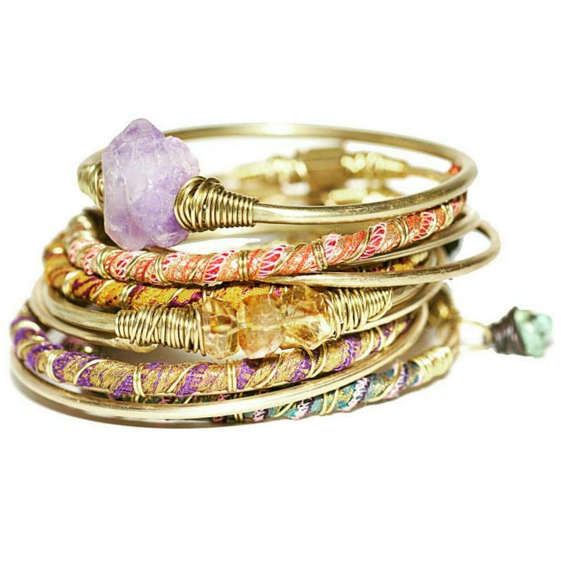 Gypsy Hand forged Metal Manifestation Crystal Citrine Crystal Brass Bangle Calming Boho Healing Crystal Bohemian Stacking Bracelet