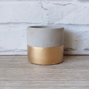 May include: A small, cylindrical concrete planter with a gold-painted bottom. The planter is perfect for small plants or succulents.