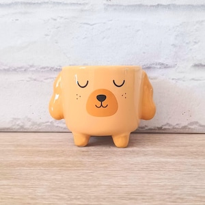May include: A ceramic planter in the shape of a dog. The planter is light orange with a black nose, closed eyes, and freckles. The dog planter has small legs and ears. The background is a white brick wall and a wooden surface.