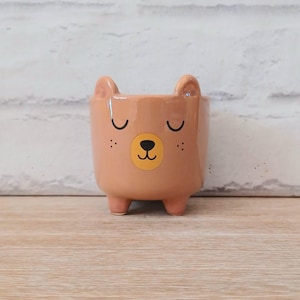 May include: A peach-colored ceramic planter shaped like a bear's face. The planter has a yellow nose, black eyes, and small ears. It stands on three small feet and is suitable for small plants or succulents.