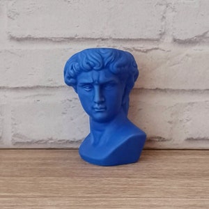 May include: A blue ceramic bust sculpture of a man with a detailed face and curly hair. The bust is a planter with a hollow top for planting a small plant.