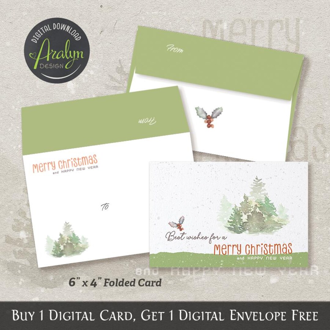 Printable Christmas Cards | Watercolor Pine Trees Christmas Card 6x4 ...