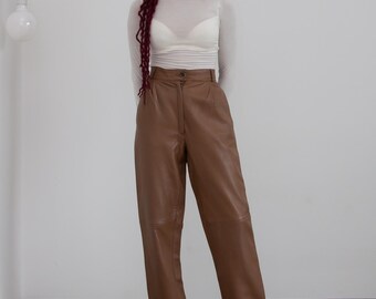 Vintage 80s Leather Pants High Waisted Brown Genuine Leather Trousers Retro Women’s Clothing
