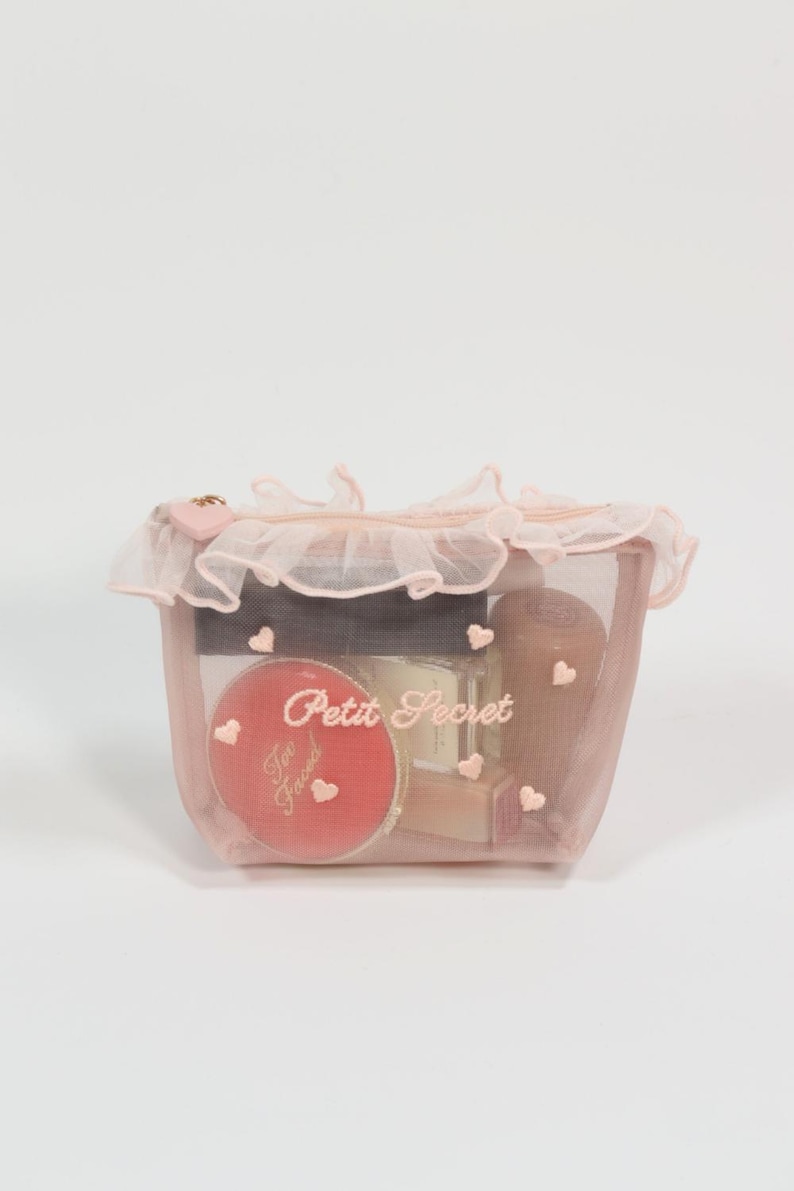Heart Embroidery Mesh Makeup Bag, Lace Trim Cosmetic Organizer image 8