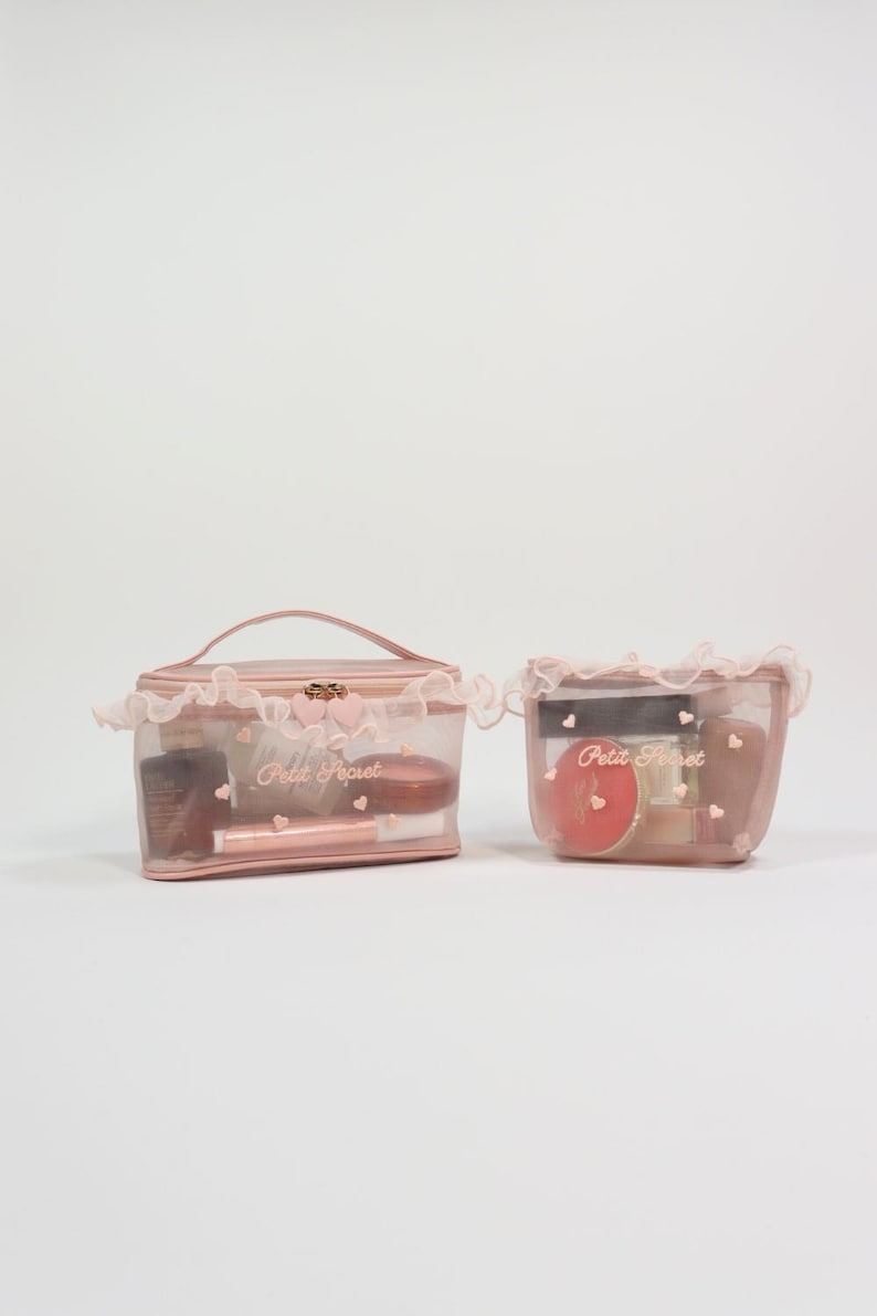 Heart Embroidery Mesh Makeup Bag, Lace Trim Cosmetic Organizer image 6