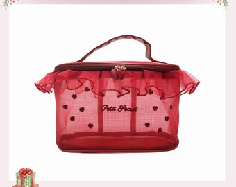 Petit Secret Big Elegant Mesh Makeup Bag with Delicate Heart Embroidery and Lace Detail, Perfect for Lip Sticks Makeup, Accessory Organizer