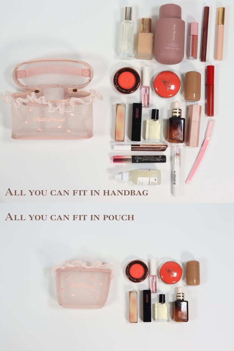 Heart Embroidery Mesh Makeup Bag, Lace Trim Cosmetic Organizer image 9