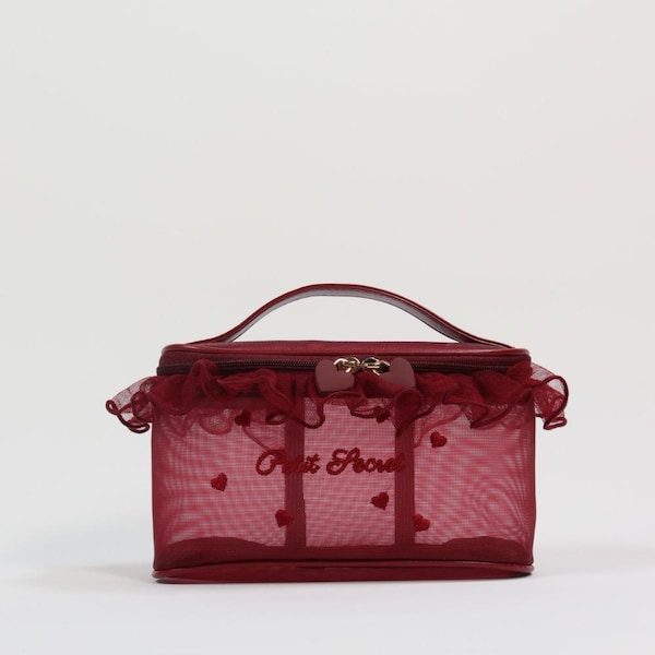Heart Embroidery Mesh Makeup Bag, Lace Trim Cosmetic Organizer