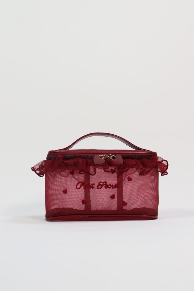 Heart Embroidery Mesh Makeup Bag, Lace Trim Cosmetic Organizer Burgundy Handbag