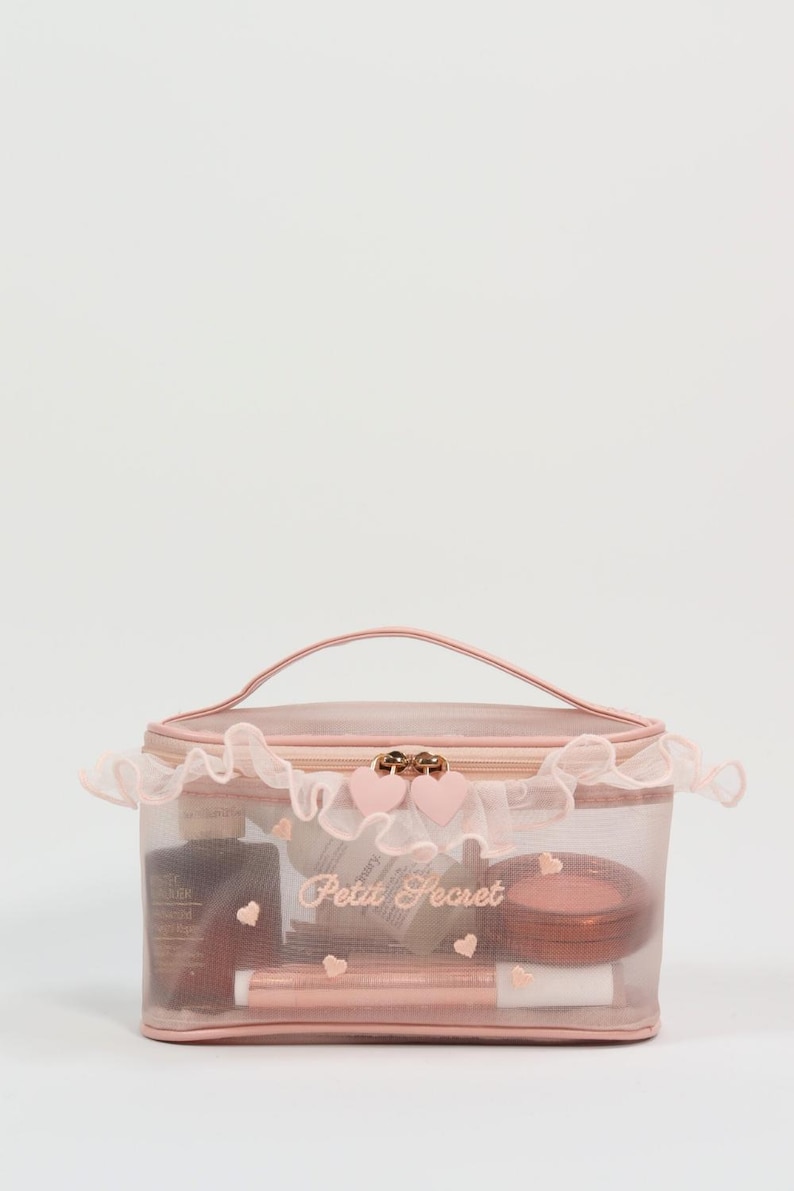 Heart Embroidery Mesh Makeup Bag, Lace Trim Cosmetic Organizer image 5