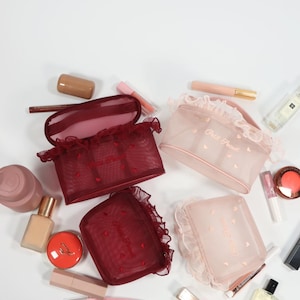Heart Embroidery Mesh Makeup Bag, Lace Trim Cosmetic Organizer 4PCS Set