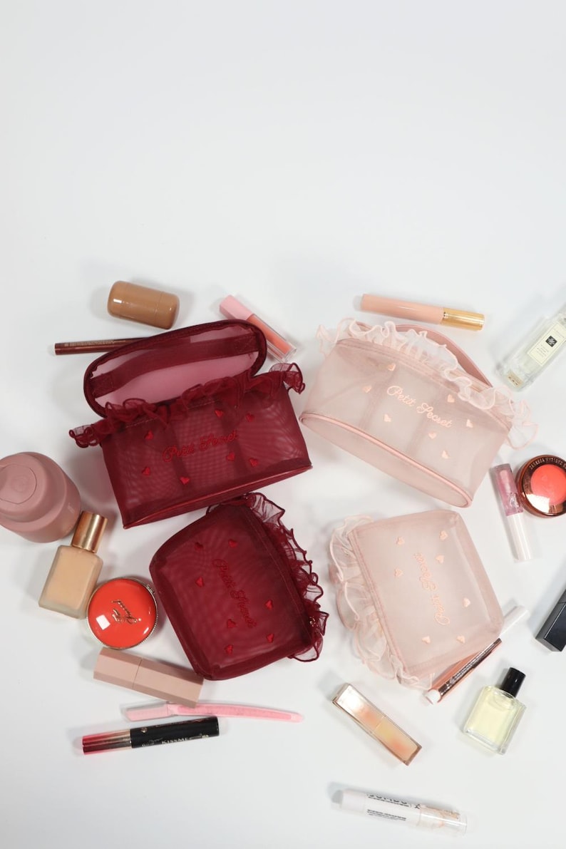 Heart Embroidery Mesh Makeup Bag, Lace Trim Cosmetic Organizer 4PCS Set
