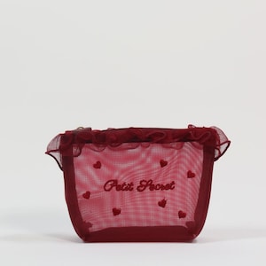 Heart Embroidery Mesh Makeup Bag, Lace Trim Cosmetic Organizer Burgundy