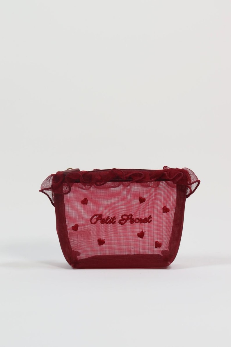 Heart Embroidery Mesh Makeup Bag, Lace Trim Cosmetic Organizer Burgundy