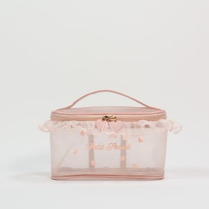 Heart Embroidery Mesh Makeup Bag, Lace Trim Cosmetic Organizer NeutralBeige Handbag