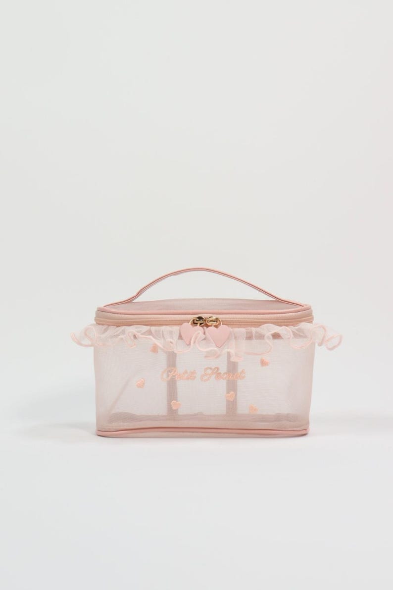 Heart Embroidery Mesh Makeup Bag, Lace Trim Cosmetic Organizer NeutralBeige Handbag