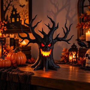 May include: A black, sculpted tree figure with a menacing face, featuring glowing red eyes and a jagged, illuminated yellow mouth. The tree has twisted, bare branches and a textured bark surface, standing as a decorative Halloween ornament.