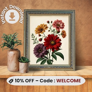 Kosmeenblume Druckbare Wandkunst – Vintage Botanisches Blumenposter – Rote, Lila & Gelbe Blütenillustration – Wohndekor – Sofortiger Download