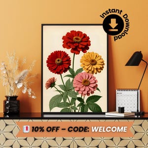 Arte mural botánico vintage de zinnias imprimible: ilustración de jardín floral retro, póster digital descargable