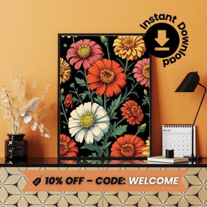 Vintage Zinnia Botanischer Druck – Farbenfrohe florale Wandkunst – Sofortiger Download – Cottagecore Blumenillustration – Botanisches Poster für Dekor