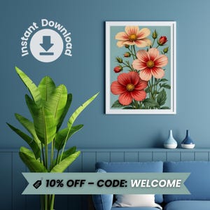 Lámina botánica vintage Cosmos – Arte floral antiguo para pared – Descarga digital – Imprimible de flores de verano – Póster sin marco