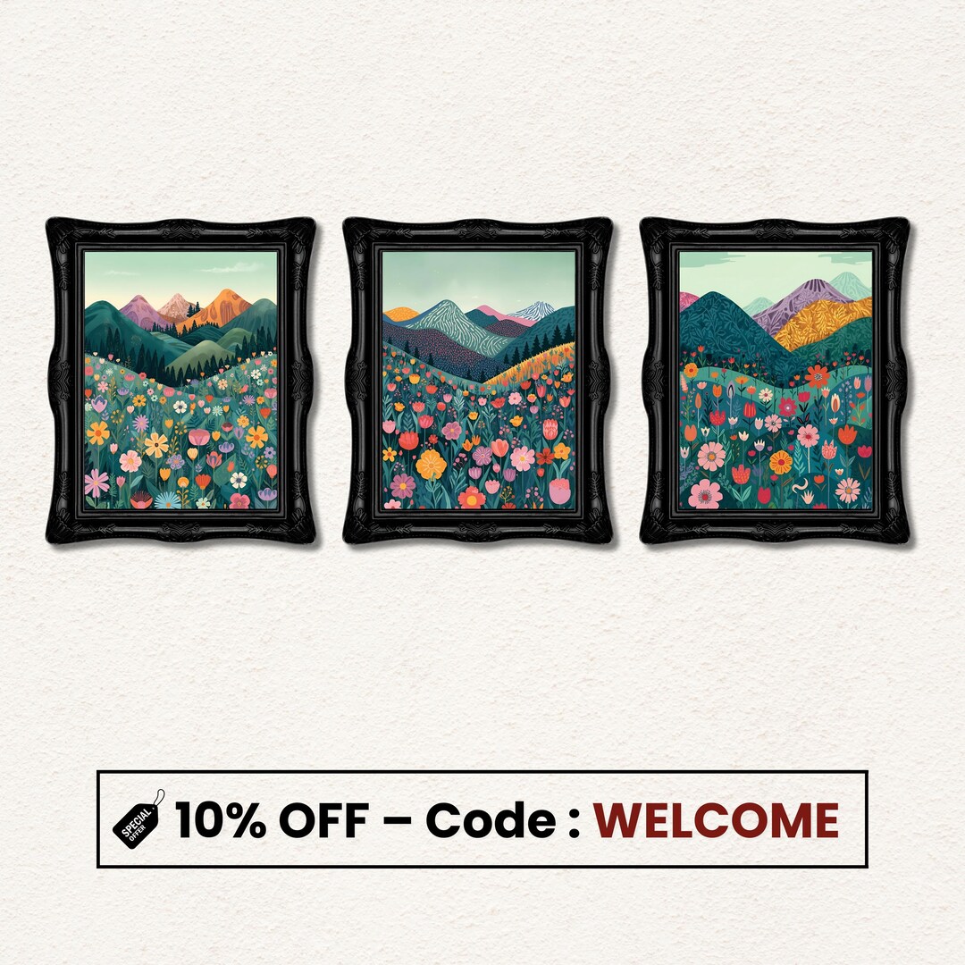 Set of 3 Wildflower Prints | Colorful Floral Landscape Wall Art | Boho ...