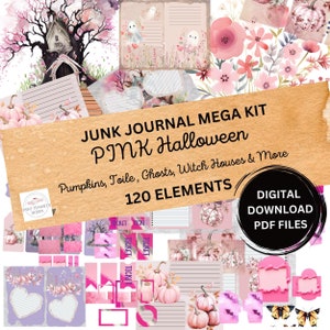 Junk Journal Mega Kit &quot;Halloween Pink Toile Pumpkins Witch Houses&quot; 120 Printable Papers, Tags, Ephemera, Paper Craft, Collage Sheet 11 x 8.5
