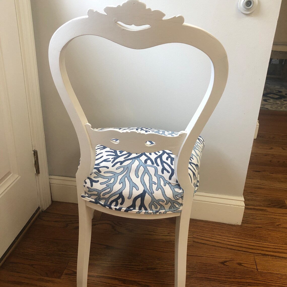 Antique Accent Chair Nautical Coral Blue Fabric Scott Etsy