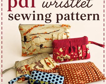 May include: Five fabric wristlets with pleated fronts and zipper closures, displayed with the text pdf wristlet sewing pattern. The pouches feature various patterns including birds, flowers, polka dots, and geometric shapes in red, blue, and cream.