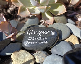 May include: A memorial stone with the name "Ginger", dates 2019-2024, and the words "Forever Loved" in white lettering. A small cat silhouette is also present. The stone is surrounded by pebbles and succulents.