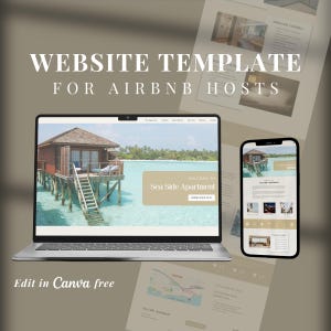 Op de afbeelding: Website-sjabloon voor Airbnb-hosts, met een laptop- en telefoonmockup die een website-ontwerp met een tropische eilandachtergrond en de tekst "Sea Side Apartment" weergeven.