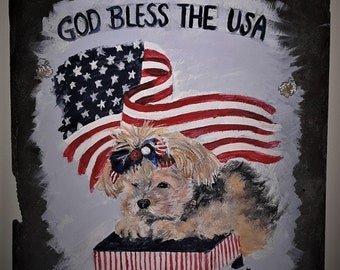 custom slate,slate, antique slate, roof tile slate, painted slate, patriotic dog slate, God Bless the USA, patriotic slate, outdoor slate
