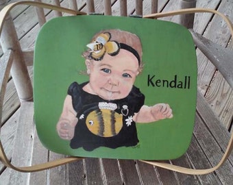 casserole cake basket with painted lid, portrait of child, portrait of favorite place, portrait of pet, picnic basket, painted lid