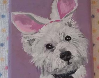 Easter bunny, Easter puppy,  small portrait, magnet. Easter decoration ,small animal portrait,art trading card,collectible art,small art,