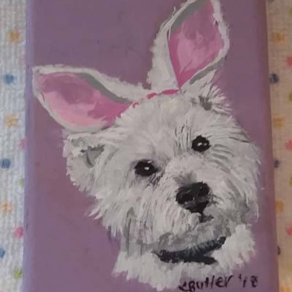 Easter bunny, Easter puppy,  small portrait, magnet. Easter decoration ,small animal portrait,art trading card,collectible art,small art,