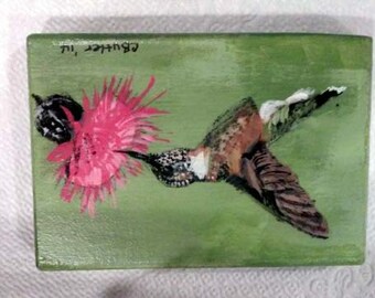 Hummingbird ACEO ,small bird, 2 x 3 ACEO on magnet, with easel, hand-painted,art trading card,collectible art,small art, acrylic